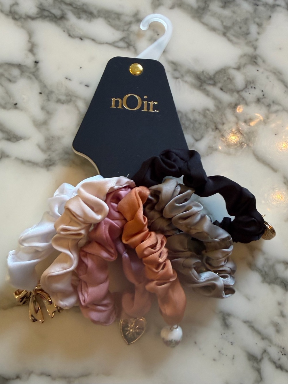 NWT nOir 6 Pc Satin Charm Scrunchie Set Bow Heart Locket Flower Strawberry Hair